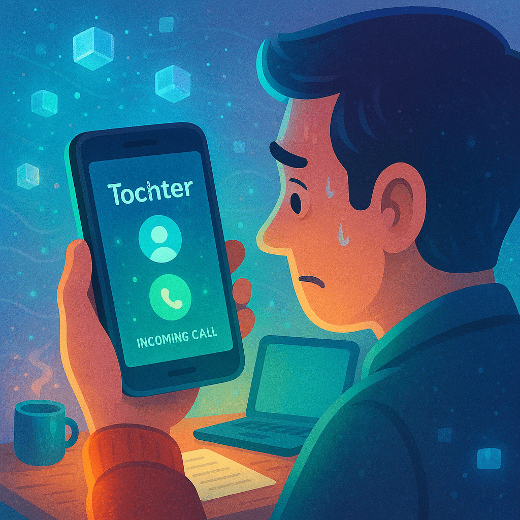 Illustration zu KI‑Betrugsanruf erkennen: Eine Person hält ein Smartphone ans Ohr, auf dem ein vertrauter Kontakt anruft. Schwebende, transzendente Mikroplastik‑Cyberbausteine und leichte Glitch‑Effekte erzeugen eine traumartige Cyberpunk‑Atmosphäre, die auf einen manipulierten KI‑Betrugsanruf hinweist.