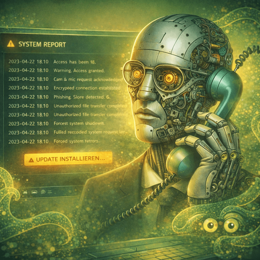 Illustration eines humanoiden Roboters im Anzug, der mit einem Telefonhörer am Ohr vor einem Bildschirm voller Systemwarnungen sitzt. Leuchtende digitale Elemente und ein ‚Update installieren‘‑Button verdeutlichen die Gefahr, die von betrügerischen Supportanrufen und eingeschleuster Schadsoftware ausgeht.