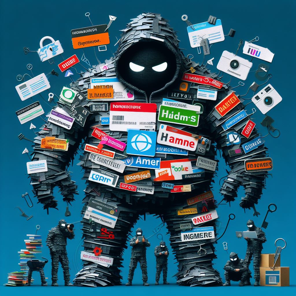 Ein fülliger Hacker in Überlebensgröße mit einem Hoodie und überall aufgeklebten Labels. Im Hintergrund die Drahtzieher, um die Allgegenwärtigkeit von falschen Websites zu verdeutlichen.