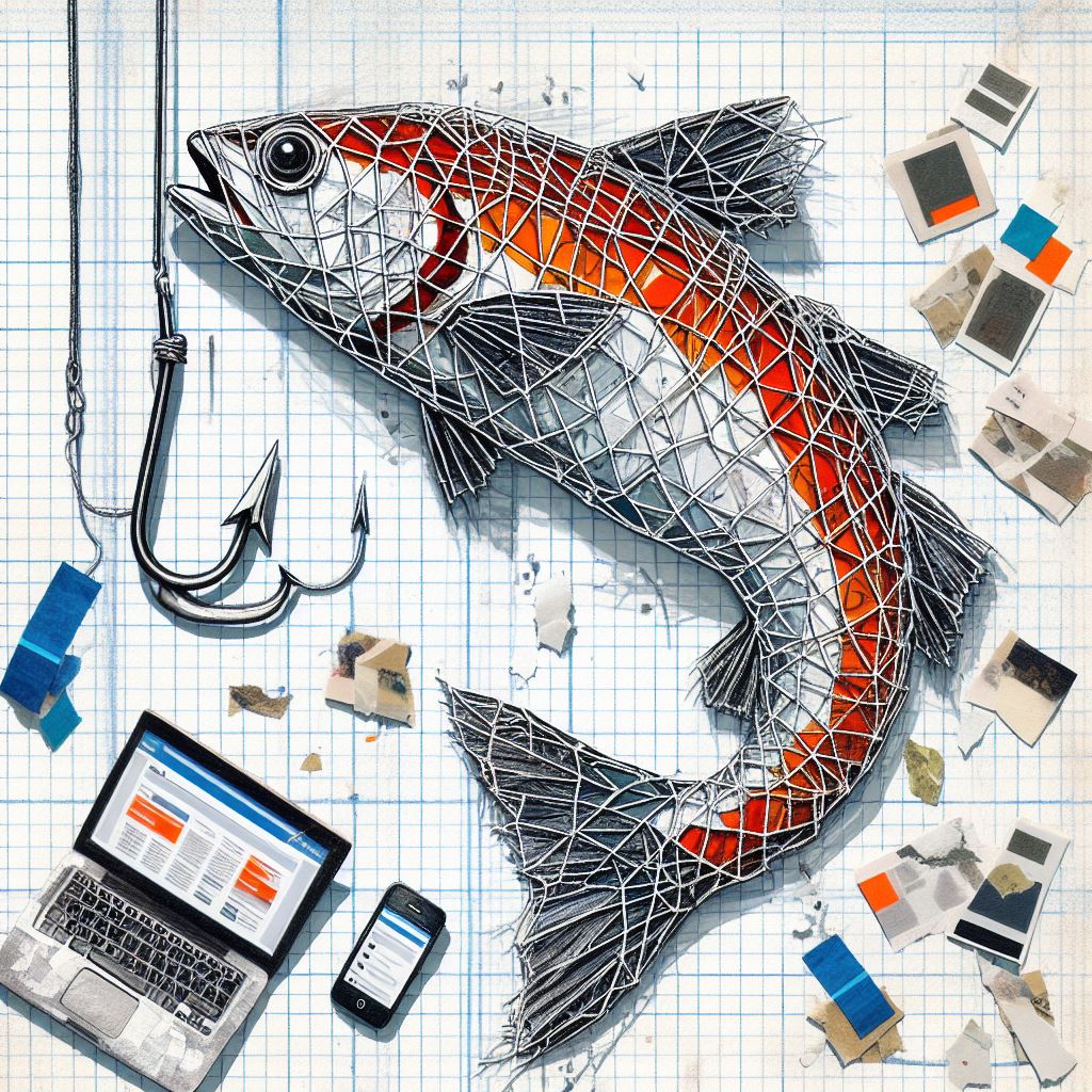 Ein illustriertes Bild, das die Phishing-Variante "Angler-Phishing" darstellt. Es zeigt einen Fisch, der in einem Netz gefangen ist, und einen Anglerhaken, der darauf abzielt, den Fisch anzulocken.