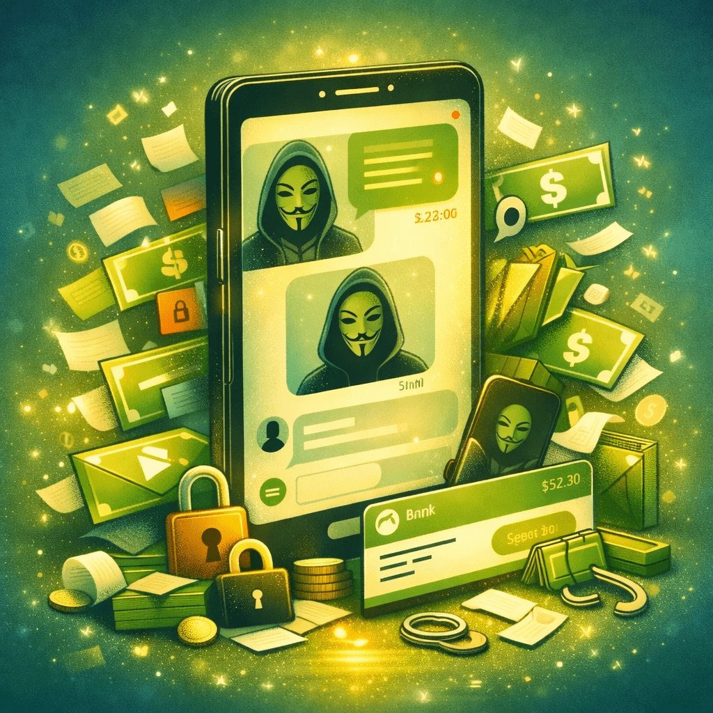 Illustration eines Smartphones mit einem anonymen Chatpartner, umgeben von Geldscheinen, Kreditkarten und Dokumenten – eine visuelle Darstellung typischer Online‑Betrugsmaschen und ein Hinweis darauf, wie wichtig Sicherheit für Mobilgeräte ist.