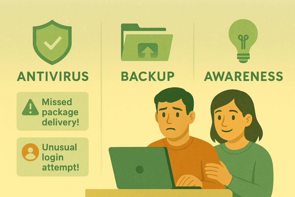 Illustration mit drei zentralen Sicherheitselementen: Antivirus mit Warnmeldungen zu Paketlieferung und Login‑Versuch, Backup mit Ordnersymbol und Awareness mit Glühbirnen‑Icon. Im Vordergrund sitzt eine Person am Laptop, daneben steht eine weitere Person unterstützend. Im Hintergrund arbeiten weitere Personen im Büro.