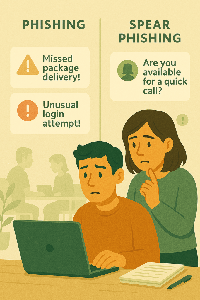 Spear Phishing in KMU erkennen und verhindern: Illustration mit Vergleich von Phishing und Spear Phishing: Links zwei generische Warnmeldungen zu Paketlieferung und Login‑Versuch, rechts eine persönliche Nachricht im Stil einer Kollegin. Im Vordergrund sitzt eine Person am Laptop, im Hintergrund arbeiten weitere Personen im Büro.