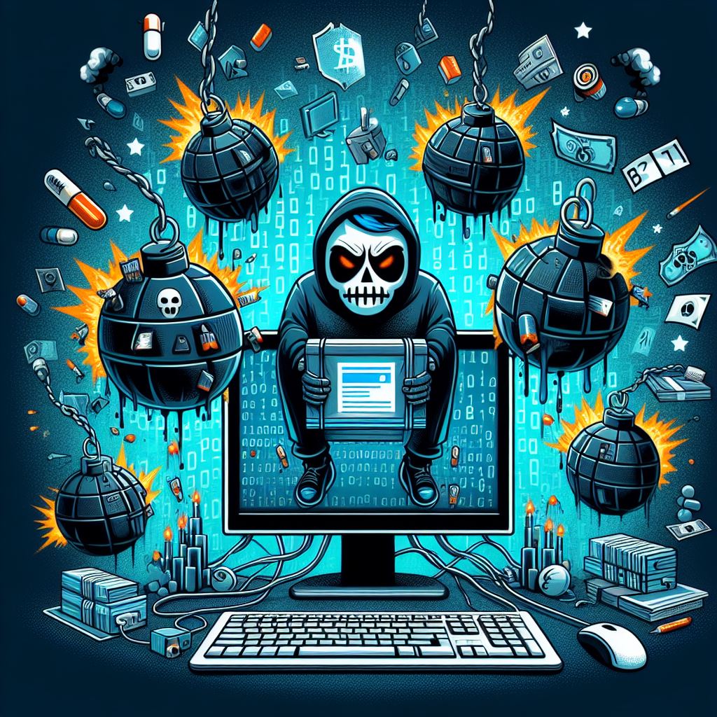 Ein bedrohter Computer, umringt von Bomben, die von einem Hacker platziert wurden.