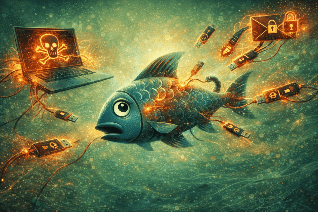 Illustration einer digitalen Bedrohungsszene: Ein blauer Fisch wirkt alarmiert, während leuchtende orangefarbene USB‑Kabel, Geräte und ein Laptop mit Totenkopf‑Symbol ihn umgeben. Schwebende Umschläge mit Schloss‑Icons verstärken die Metapher für Cyberangriffe, Phishing und Malware.