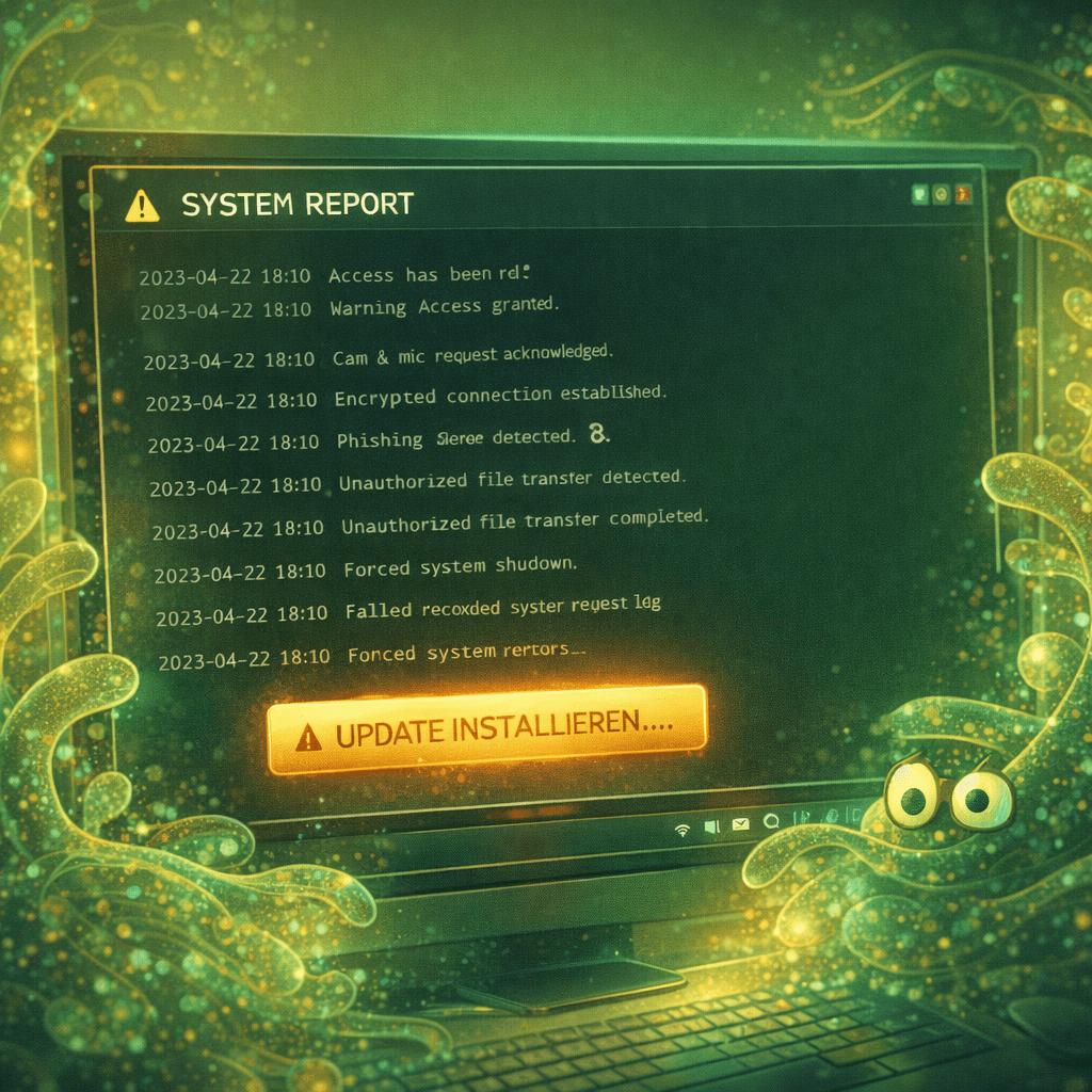 Illustration eines Computerbildschirms mit Systemwarnungen und einem auffälligen ‚Update installieren‘‑Button, umgeben von digitalen, virenartigen Elementen – eine visuelle Darstellung der Gefahr durch betrügerische Supportanrufe und eingeschleuste Schadsoftware.