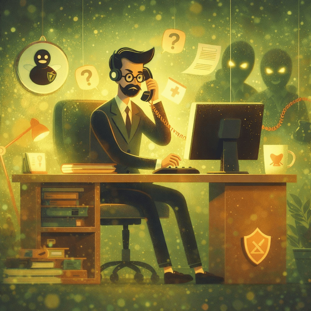Illustration einer Person im Büro, die mit Headset telefoniert und am Computer arbeitet, während im Hintergrund schemenhafte Figuren mit leuchtenden Augen lauern. Schwebende Symbole wie Fragezeichen, ein Kreuz und ein Schild verdeutlichen die Bedrohung durch betrügerische Supportanrufe und digitale Angriffe.