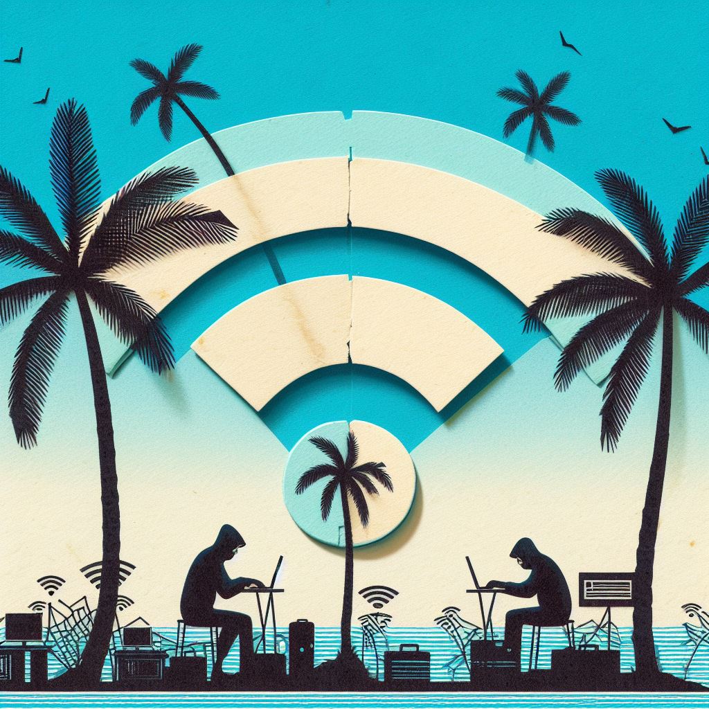 Eine Illustration, die Hacker unter Palmen zeigt.