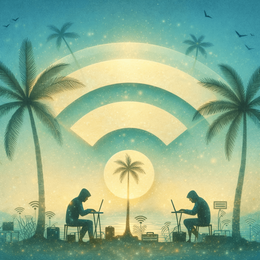 Illustration mit Hackern unter Palmen, die digitale Risiken im Ferien‑WLAN darstellen – Motiv für Sicheres Surfen im Urlaub.