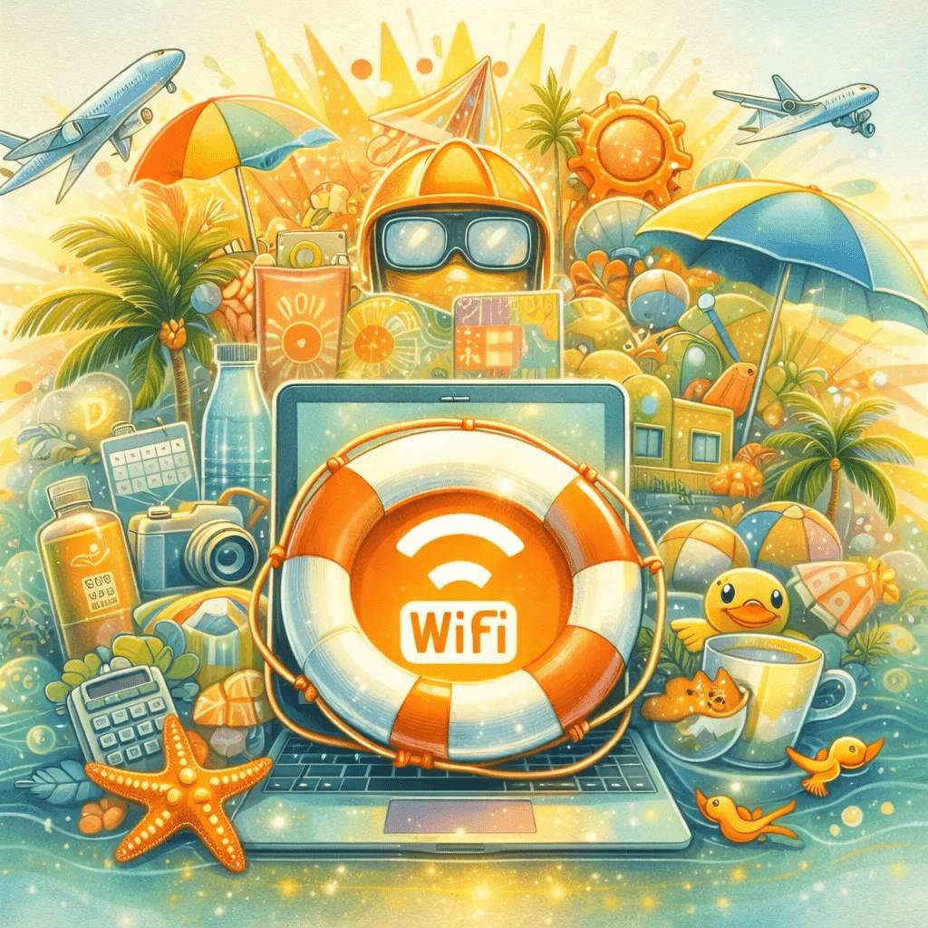 Illustration mit Laptop und Rettungsring‑Symbol für WLAN, umgeben von Ferienmotiven wie Sonne, Kamera, Pflanzen und Strandutensilien – visuelles Titelbild für Sicheres Surfen im Urlaub.