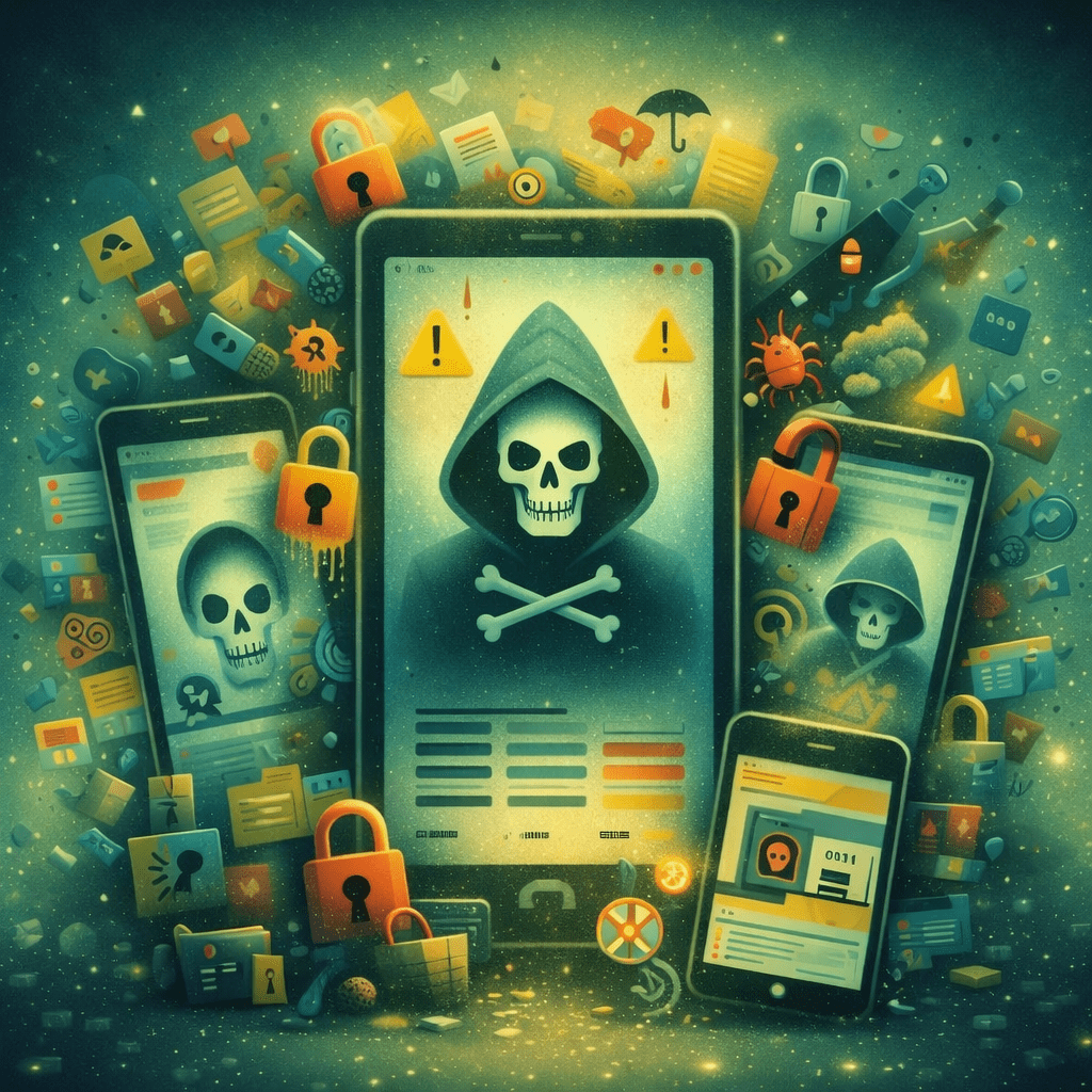 Digitale Illustration mit mehreren Smartphones und Tablets, die Warnsymbole, Schädel‑Icons und maskierte Figuren zeigen. Um die Geräte schweben Symbole für Malware, Phishing und Datendiebstahl – eine visuelle Darstellung zunehmender mobiler Bedrohungen und der Bedeutung von Sicherheit für Mobilgeräte.