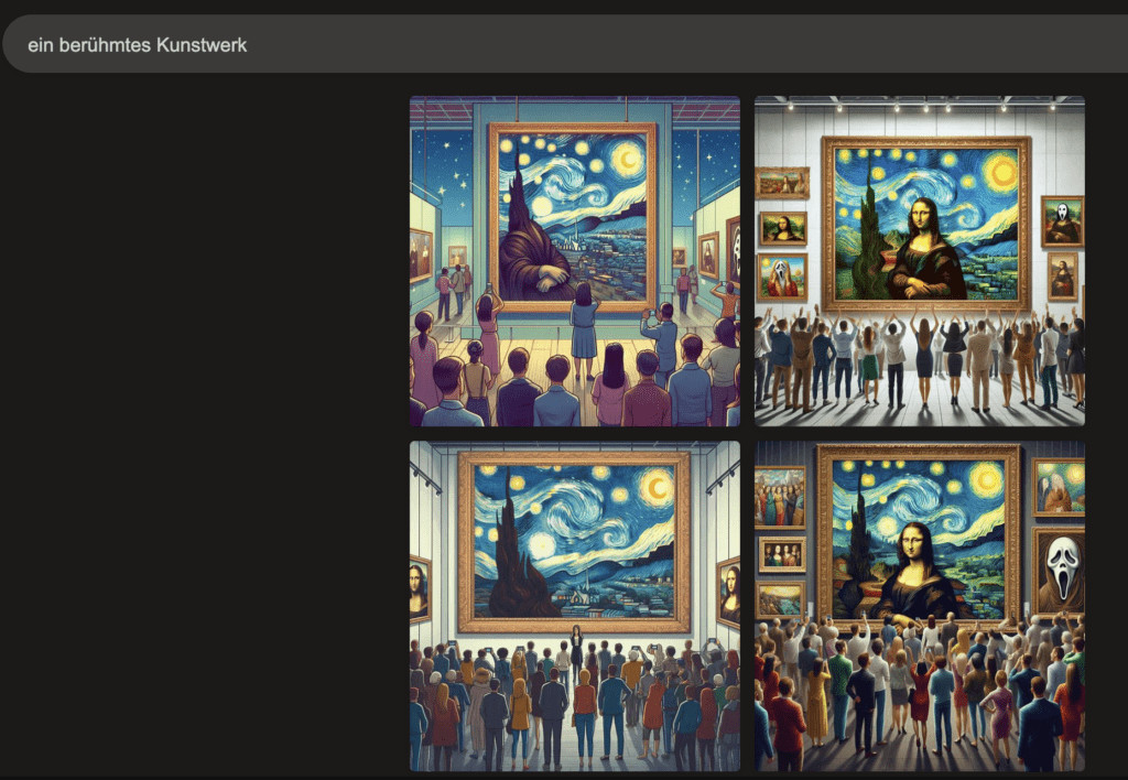 Ein Screenshot von Variationen bekannter Kunstwerke, die mit einem KI-Prompt generiert wurden.