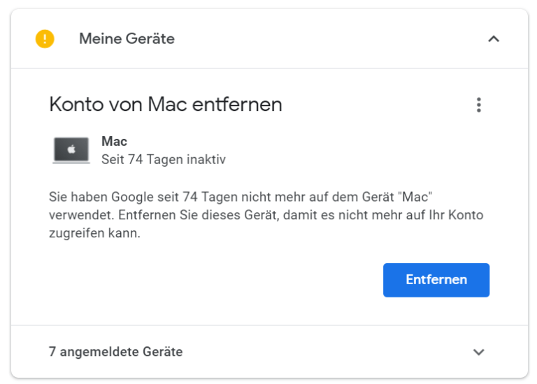 Ein Screenshot, der die, bei Google angemeldeten Geräte anzeigt.