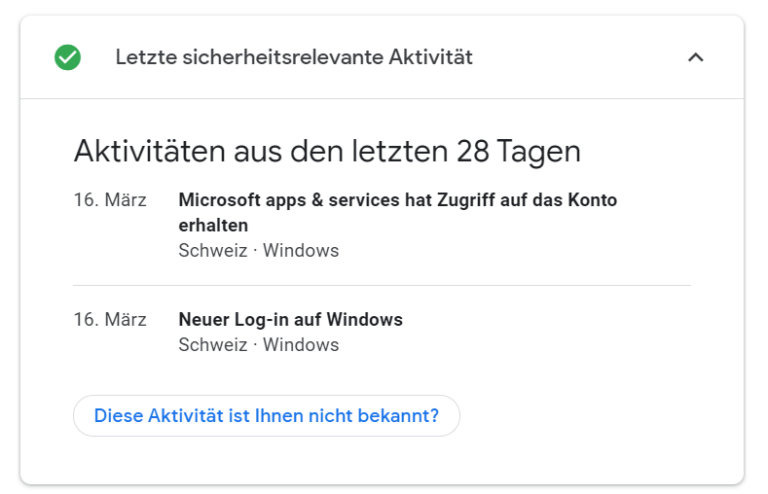 Ein Screenshot, der das Protokoll der sicherheitsrelevanten Aktivitäten der letzten 28 Tage im Google Sicherheitscheck anzeigt.