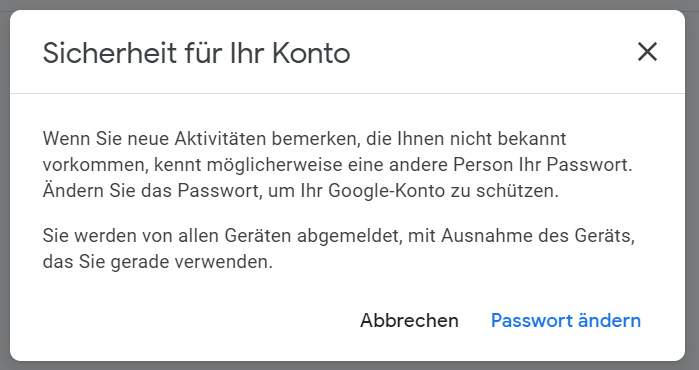 Ein Screenshot, der im Google Sicherheitscheck den Dialog zum Ändern eines Passworts anzeigt.