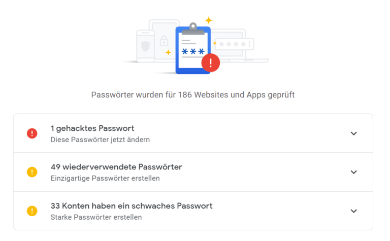Ein Screenshot, der das Ergebnis des Google Passwortchecks anzeigt.