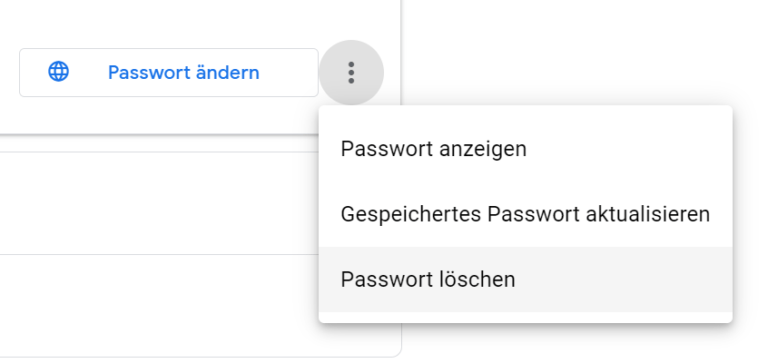 Ein Screenshot, der die Möglichkeiten zeigt, mit denen ein Passwort im Google Passwortcheck bearbeitet werden kann.