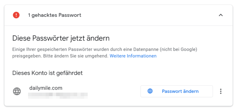 Ein Screenshot, der ein Passwort und die zugehörige Website auflistet, die gehackt wurde.
