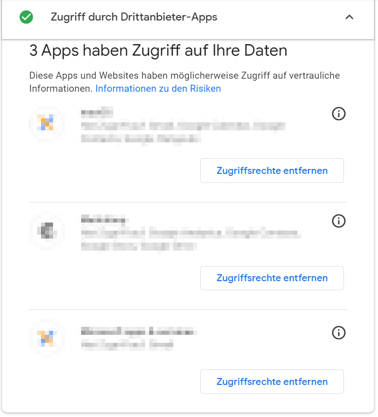 Ein Screenshot des Google Sicherheitschecks, der zeigt, welche Apps Zugriff haben.