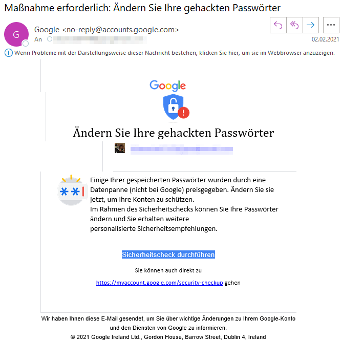 Der Screenshot einer E-Mail mit Sicherheitswarnung, die von Google kommt.