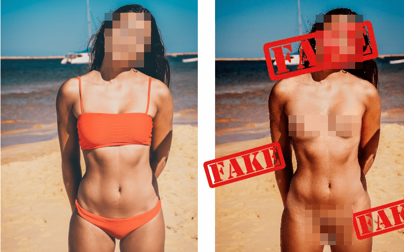 Ein Bild, das eine Frau im Bikini und daneben das mit Deepnude bearbeitete Bild, auf dem die Frau nackt ist, zeigt.