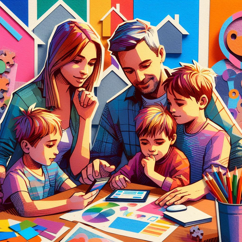 Eine Collage aus Pappe und Aquarell zeigt Eltern und Kinder am Tisch, die über Internetgefahren sprechen, mit einem Smartphone auf dem Tisch und aufmerksamen Blicken der Eltern auf die Bildschirme.