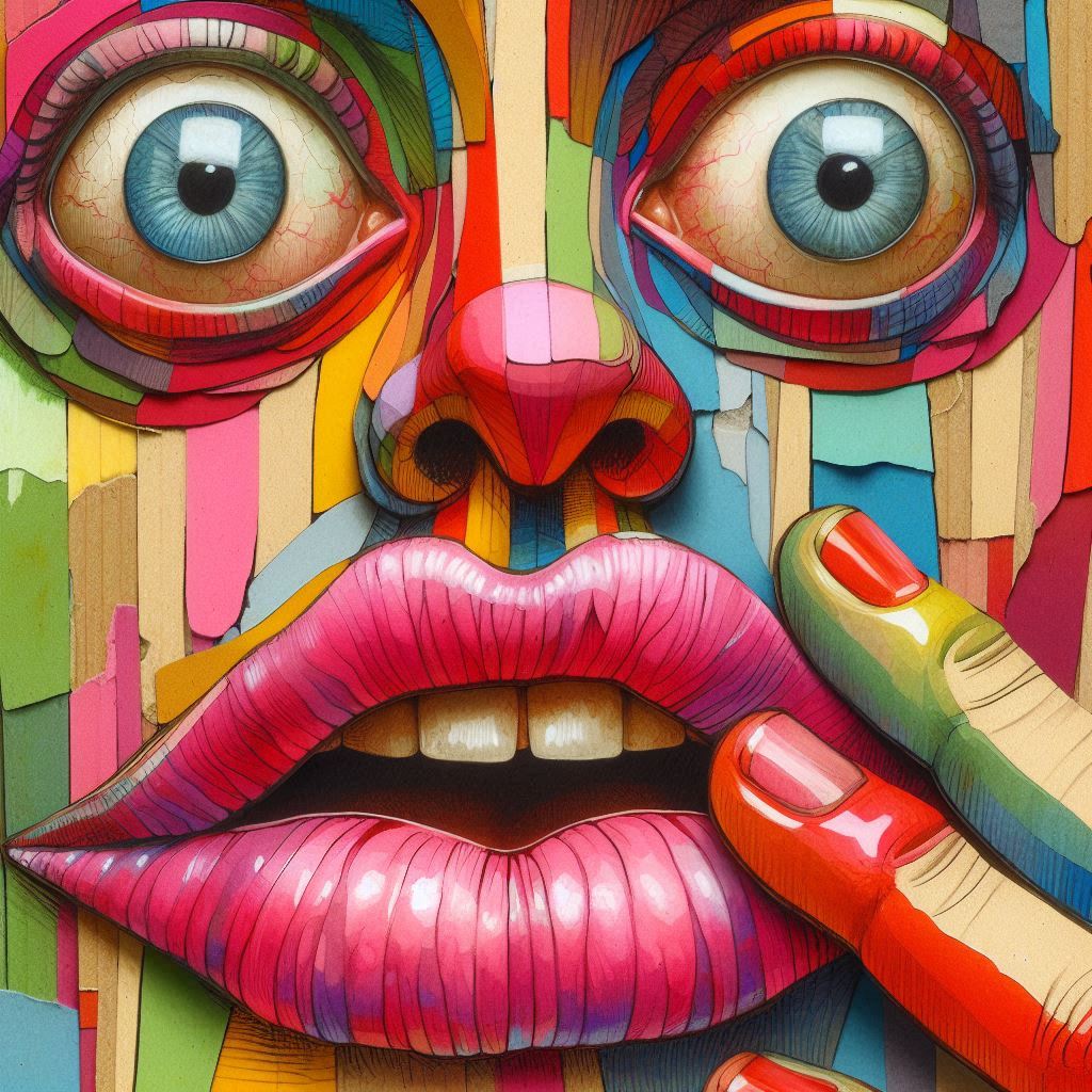 Eine Collage aus Pappe und Aquarell zeigt grotesk grosse Lippen und einen erstaunten, schockierten Gesichtsausdruck.