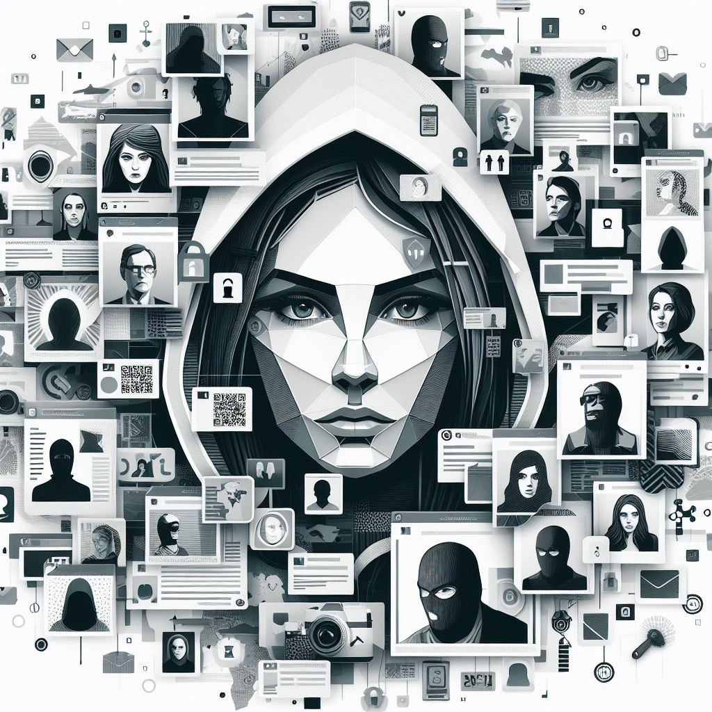 Eine Illustration zeigt eine weibliche Persona, zusammengesetzt aus Fragmenten gestohlener Social-Media-Daten. Die Darstellung erinnert an eine Szene aus einem Agenten-Thriller und ist in der Art einer Papiercollage gestaltet.
