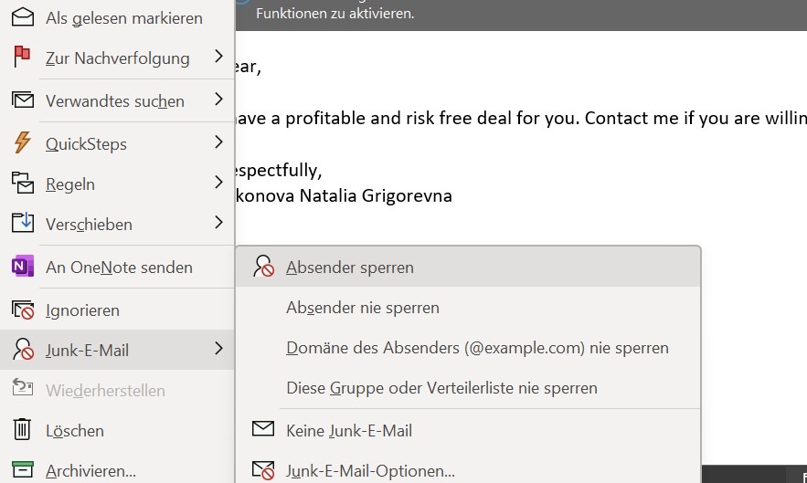 Screenshot von Outlook, der die Auswahl der Option 'Junk-E-Mail > Absender sperren' zeigt. Der Bildausschnitt illustriert den Schritt, um eine E-Mail-Adresse als unerwünscht zu kennzeichnen und deren Nachrichten zu blockieren.