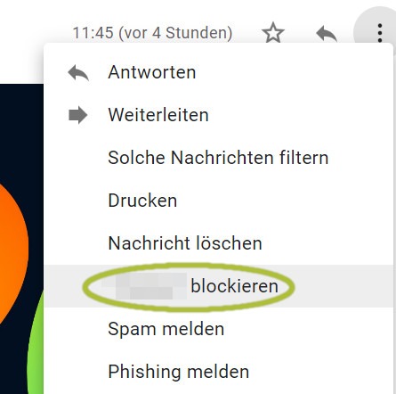 Screenshot des Vorgangs zum Blockieren eines Absenders in Gmail. Der Bildausschnitt zeigt das Drei-Punkte-Menü in einer E-Mail, das ausgewählt wird, und die Option 'Blockieren', die angezeigt wird.