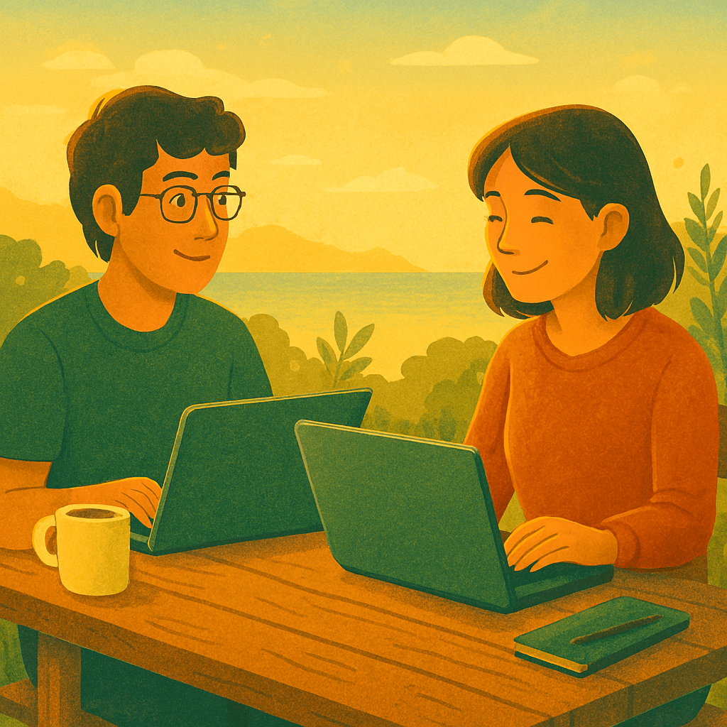 Zwei Menschen arbeiten entspannt draussen an einem rustikalen Holztisch, umgeben von Natur und warmem Licht. Beide nutzen ihre Laptops in einer ruhigen, freundlichen Atmosphäre – eine typische Szene für Workation arbeiten im Urlaub, bei der Produktivität und Erholung ineinanderfliessen.