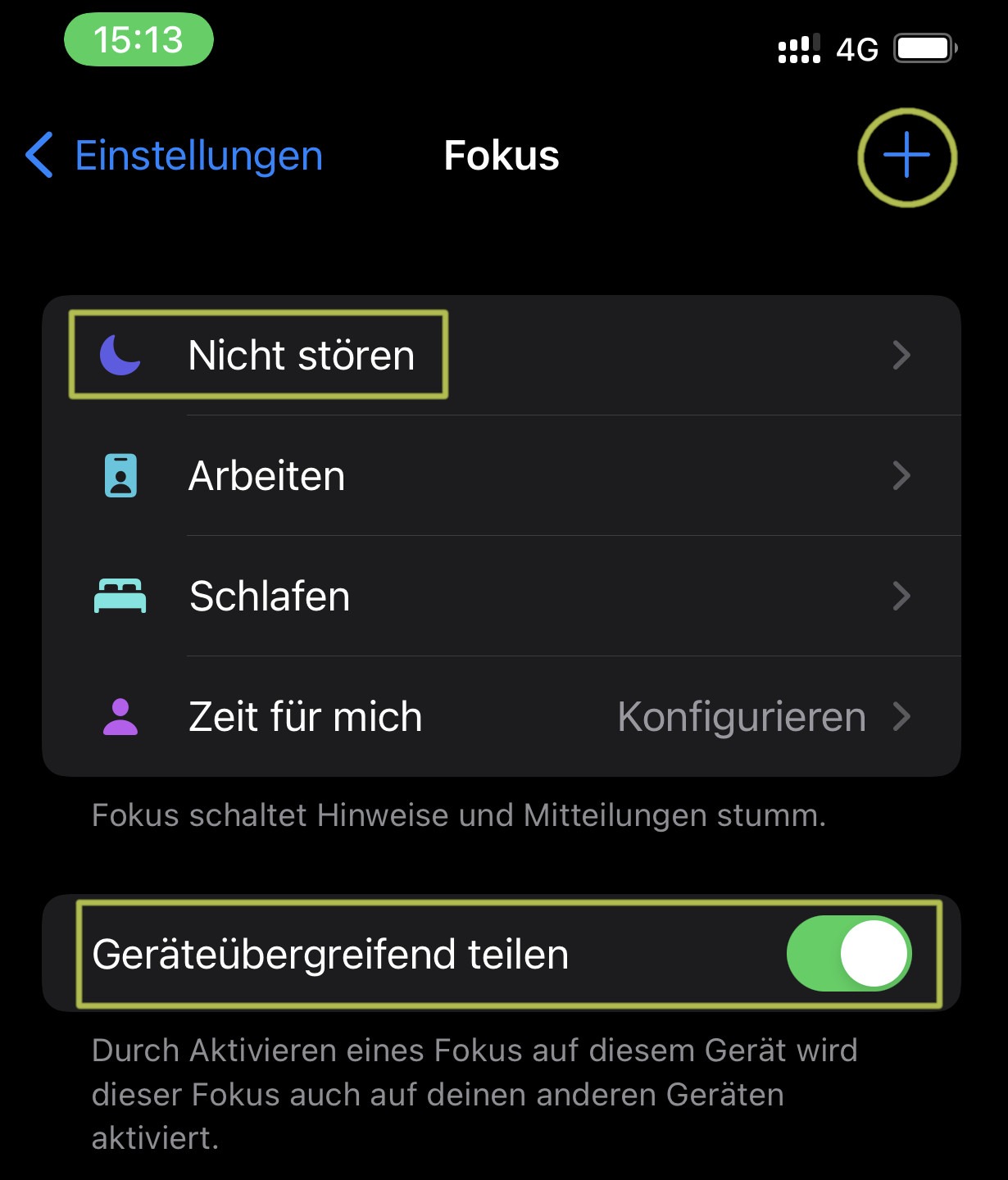 Ein Screenshot, der die verschiedenen Option für einen Fokus in iOS zeigt.