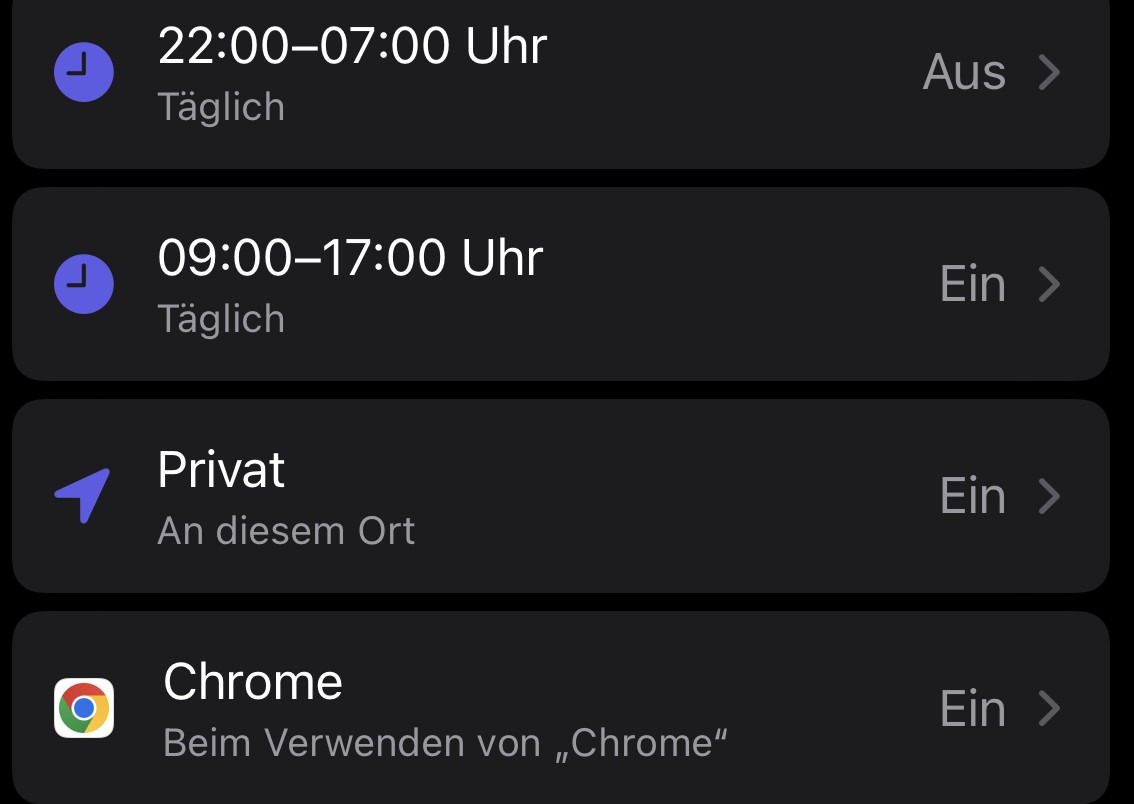 Ein Screenshot, der die automatische Aktivierung eines Fokus nach Zeit, Ort oder App darstellt.