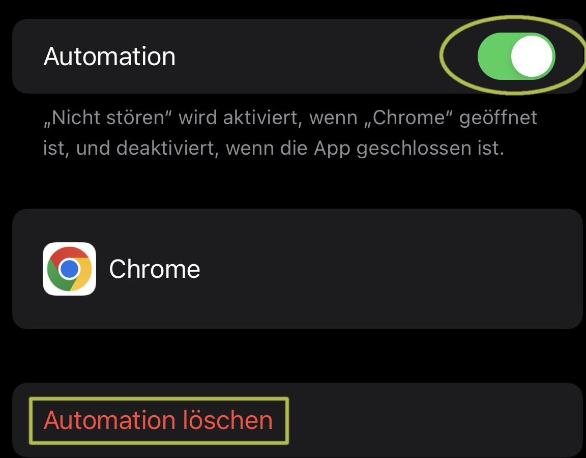 Ein Screenshot, der zeigt, wie eine Automation für einen Fokus deaktiviert oder gelöscht werden kann.