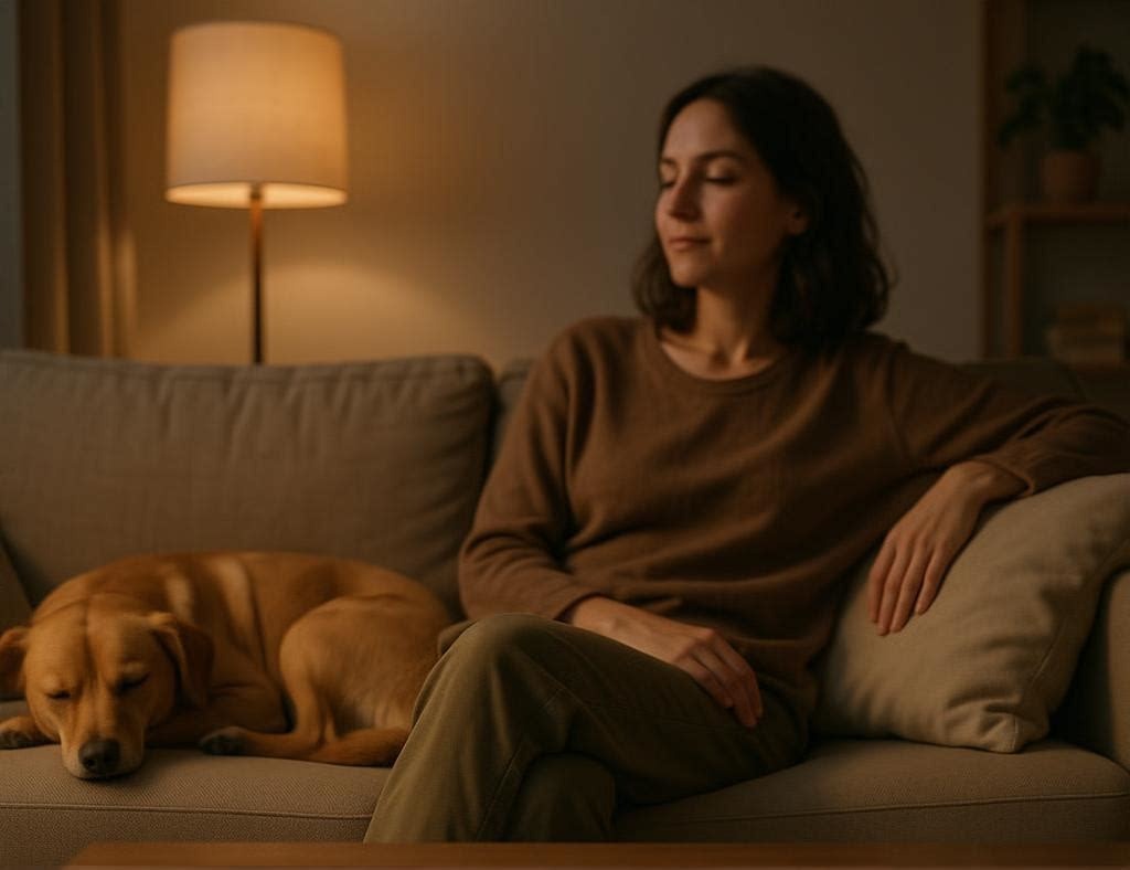 Fokus auf dem iPhone verwenden: entspannte Szene mit Frau und Hund auf dem Sofa, Symbol für digitale Auszeit.