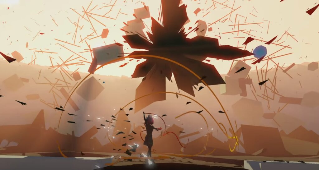 Ein Screenshot aus dem Spiel 'Bound' zeigt eine Tänzerin, die durch eine surreale, traumhafte Welt navigiert. Die Umgebung erinnert an moderne Kunst des frühen 20. Jahrhunderts, mit abstrakten Formen und lebhaften Farben. Die Traumwelt kann sowohl als kunstvolle Darstellung als auch als Metapher für Traumata und unterdrückte Ängste interpretiert werden, die die Spielfigur konfrontieren und überwinden muss.