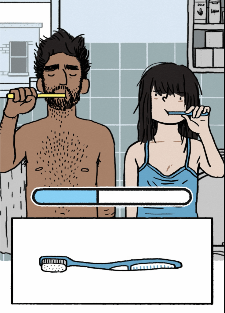 Eine Szene aus dem Spiel 'Florence' zeigt Florence Yeoh und Krish, die nebeneinander im Badezimmer vor dem Spiegel stehen und Zähne putzen. Die Szene gehört zum Kapitel 'Routine' und spiegelt den monotonen Alltag von Florence wider.