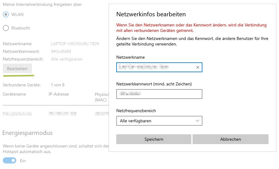 Screenshot der Einstellungen zum Bearbeiten von Netzwerkinformationen. Es wird erklärt, dass das Ändern des Netzwerknamens oder des Kennworts die Verbindung aller verbundenen Geräte trennt. Es gibt Felder zum Eingeben eines neuen Netzwerknamens und eines neuen Netzwerkkennworts (mindestens acht Zeichen). Zusätzlich gibt es eine Option, den Netzfrequenzbereich auszuwählen. Am unteren Rand des Bildschirms befinden sich die Schaltflächen 'Speichern' und 'Abbrechen'.