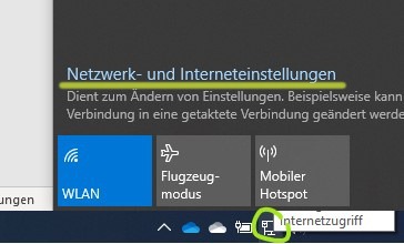 Screenshot der Netzwerk- und Interneteinstellungen. Die Optionen umfassen WLAN, Flugzeugmodus und 'Mobiler Hotspot'. Es gibt einen erklärenden Text, der besagt, dass die Einstellungen dazu dienen, verschiedene Netzwerk- und Internetverbindungen zu ändern, wie beispielsweise eine Verbindung in eine getaktete Verbindung umzuwandeln. Am unteren Rand des Bildschirms wird angezeigt, dass es Internetzugriff gibt.