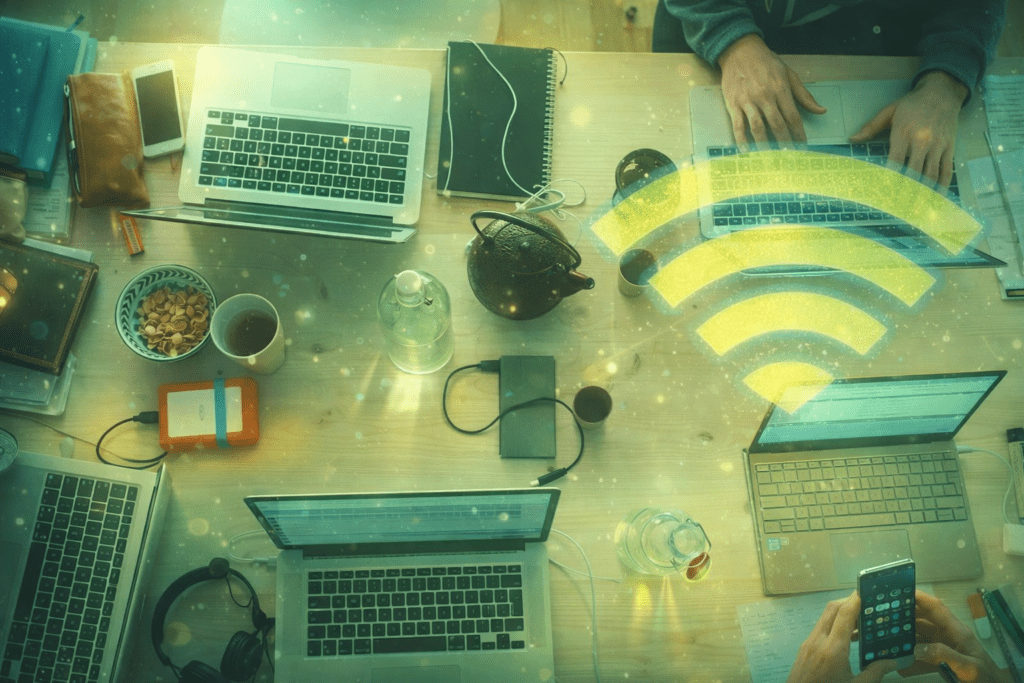 Top‑Down‑Ansicht eines modernen Arbeitsplatzes mit mehreren Laptops, Smartphone, Notizbuch und Teekanne. Eine stilisierte WLAN‑Grafik über einem Laptop symbolisiert die Einrichtung eines Hotspots am PC. Die Szene steht für digitale Zusammenarbeit, Konnektivität und flexible Arbeitsmodelle.