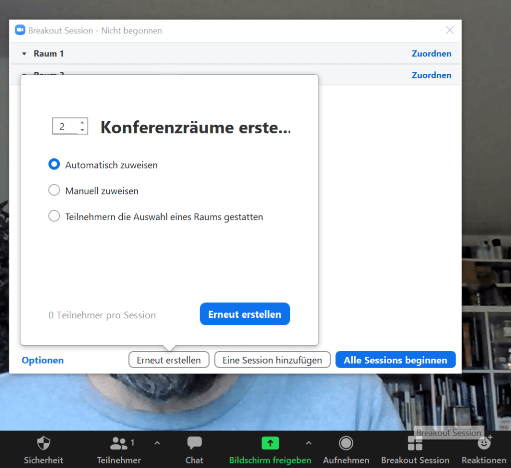 Screenshot, der den Prozess der Erstellung mehrerer virtueller Konferenzräume in Zoom anzeigt.