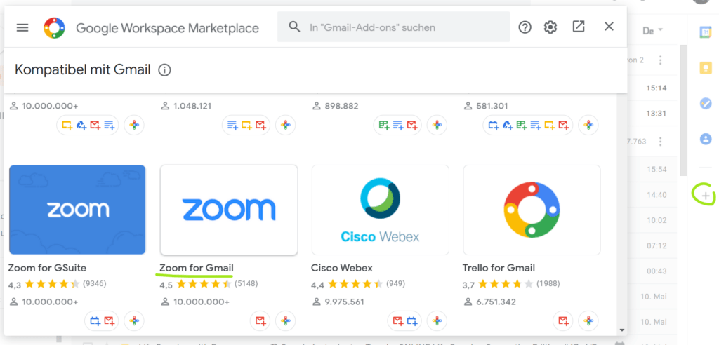Screenshot, der verschiedene Add-ons anzeigt, darunter Zoom for Gmail (grün unterstrichen).