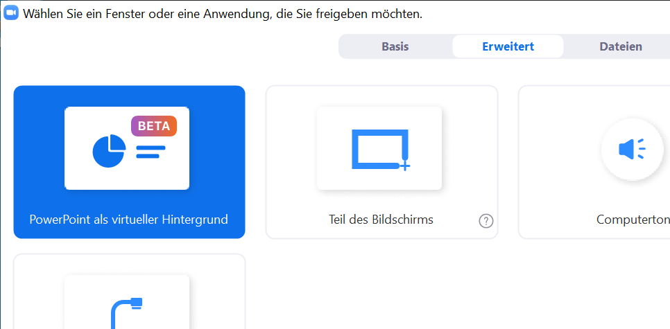 Screenshot der erweiterten Einstellungen für virtuelle Hintergründe in Zoom, mit einer Beta-Option, eine PowerPoint-Präsentation als Hintergrund zu verwenden