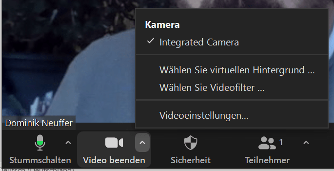 Screenshot der Zoom-Benutzeroberfläche mit hervorgehobener Schaltfläche für den Zugang zu den Videoeinstellungen.