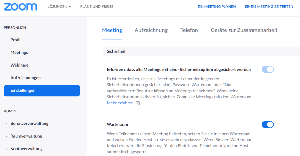 Screenshot, der die Zoom-Profil-Einstellungen für ein Meeting anzeigt, einschließlich der Optionen zur Anpassung von Meeting-Präferenzen und -Einstellungen.