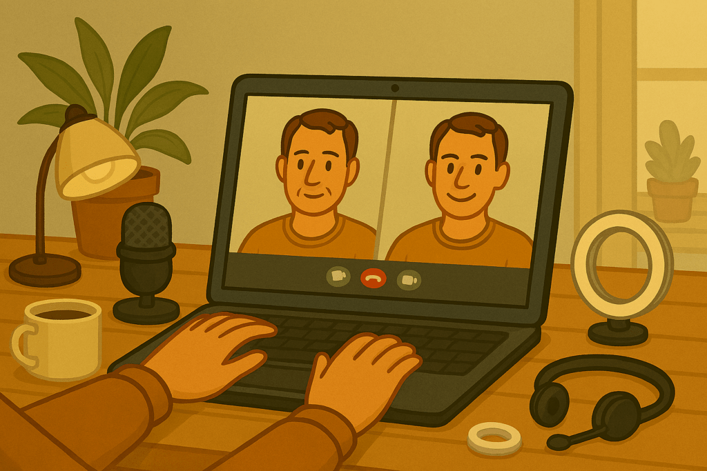 Laptop auf einem aufgeräumten Schreibtisch mit zwei Videokacheln derselben Person – links natürlich, rechts leicht geglättet durch einen Beauty‑Filter. Das Setup zeigt dezent, wie Beauty‑Filter in Videokonferenzen wirken und unterstützt die Einordnung von Beauty‑Filter Videokonferenzen im modernen Arbeitsalltag.
