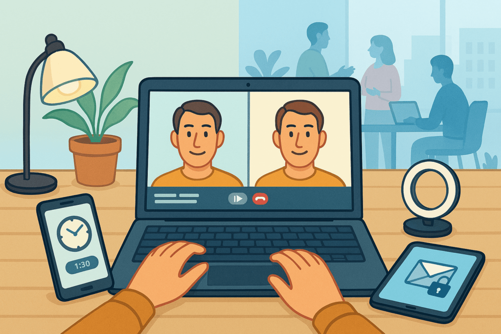 Illustration eines hybriden Arbeitsplatzes mit Laptop, Smartphone und Tablet. Auf den Geräten sind abstrakte Symbole für Projektübersicht, Zeiterfassung und sichere E‑Mail‑Kommunikation zu sehen. Im Hintergrund gehen Home‑Office und Co‑Working‑Bereich ineinander über und zeigen flexible, professionelle Arbeitsumgebungen.