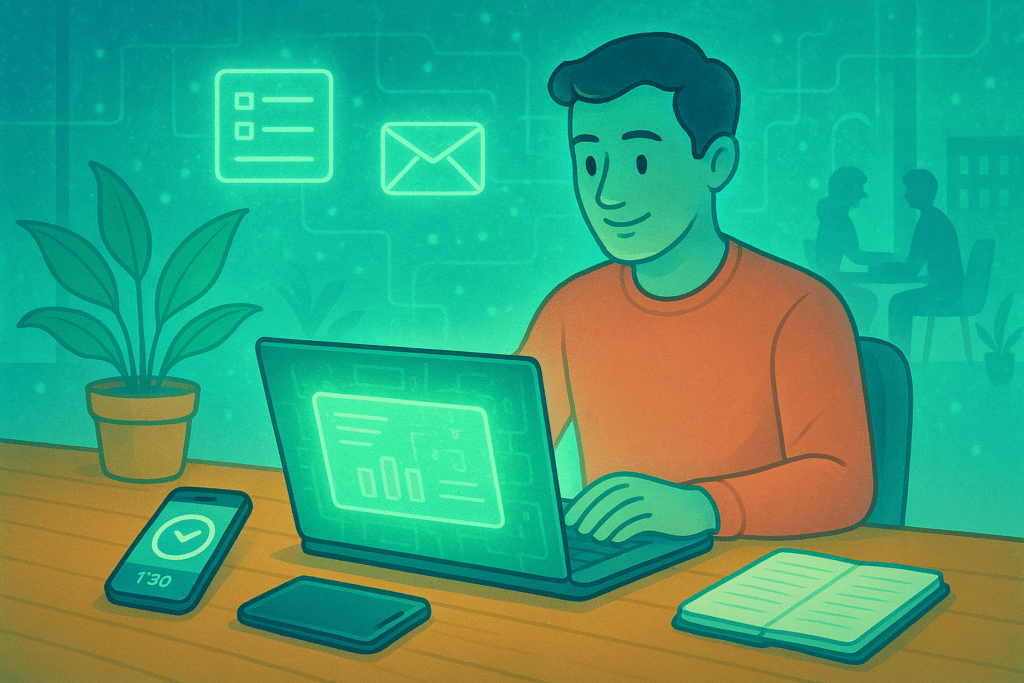 Illustration einer Person, die konzentriert im Homeoffice an einem Laptop arbeitet, umgeben von Pflanzen, Notizbuch und Smartphone. Dezente Symbole für Struktur, Kommunikation und Sicherheit schweben im Hintergrund. Das Bild vermittelt die Idee von erfolgreichem Homeoffice und modernem, flexiblem Arbeiten.