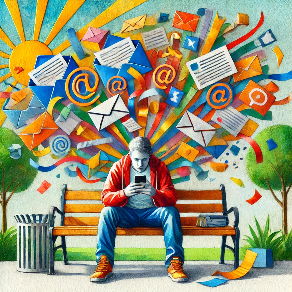 Eine Collage-Illustration aus bunter Pappe und Aquarell. Die Szene zeigt eine gestresste Person, die auf einer Parkbank sitzt, ein Smartphone in der Hand hält und von einem Wirbel aus E-Mails, Nachrichten und To-Do-Listen umgeben ist. Im Hintergrund ist ein ruhiger Park mit Bäumen und Sonnenschein, der im starken Kontrast zur digitalen Hektik steht.