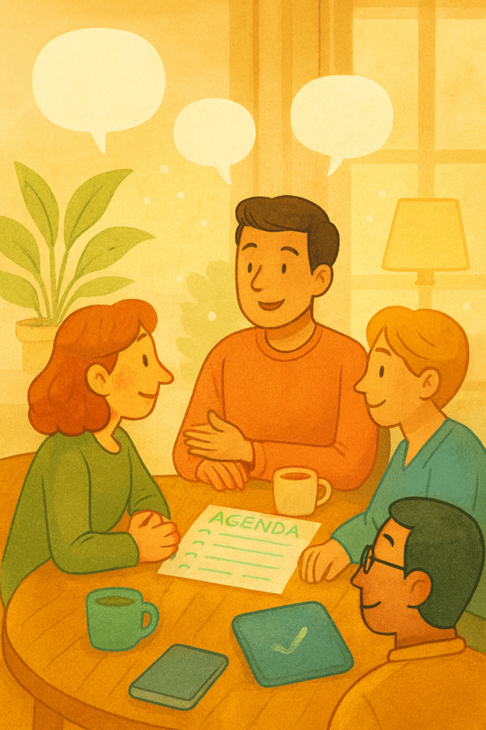 Illustration eines produktiven Meetings: Vier Personen sitzen an einem runden Holztisch, sprechen miteinander und haben eine Agenda vor sich. Auf dem Tisch stehen Kaffeetassen, ein Smartphone und ein Tablet mit Häkchen. Im Hintergrund sorgen eine Zimmerpflanze, ein Fenster mit Vorhang und eine Lampe für eine freundliche, entspannte Atmosphäre.